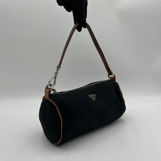 Prada Black Nylon Brown Leather Barrel Pochette