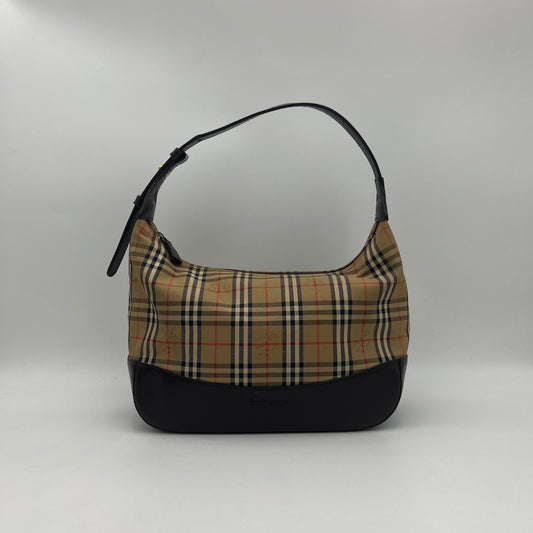 Burberry Brown Leather Haymarket Canvas Hobo Shoulder Bag