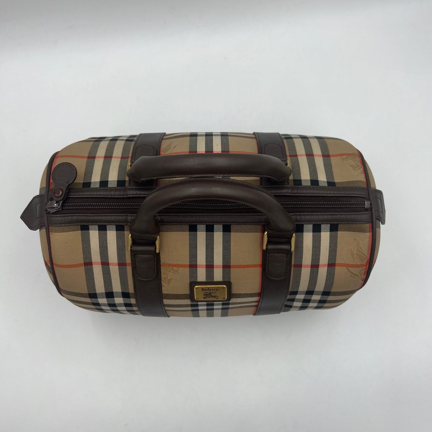 Burberry Haymarket Cloth Brown Leather Boston 30