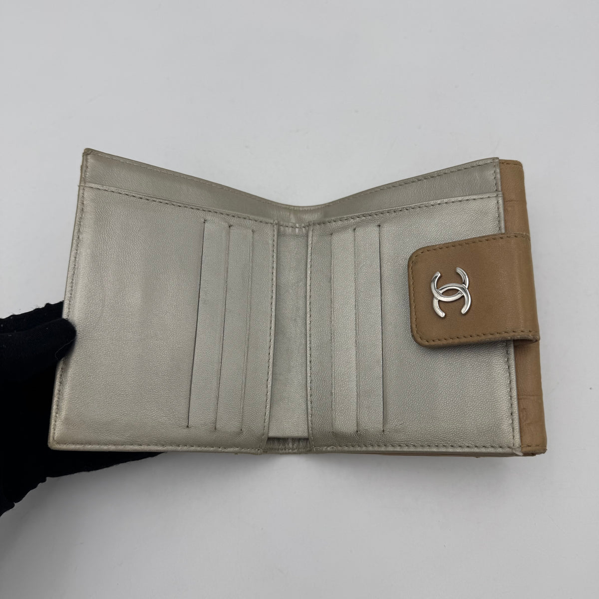Chanel Beige Leather Icon Line Bifold Short Wallet
