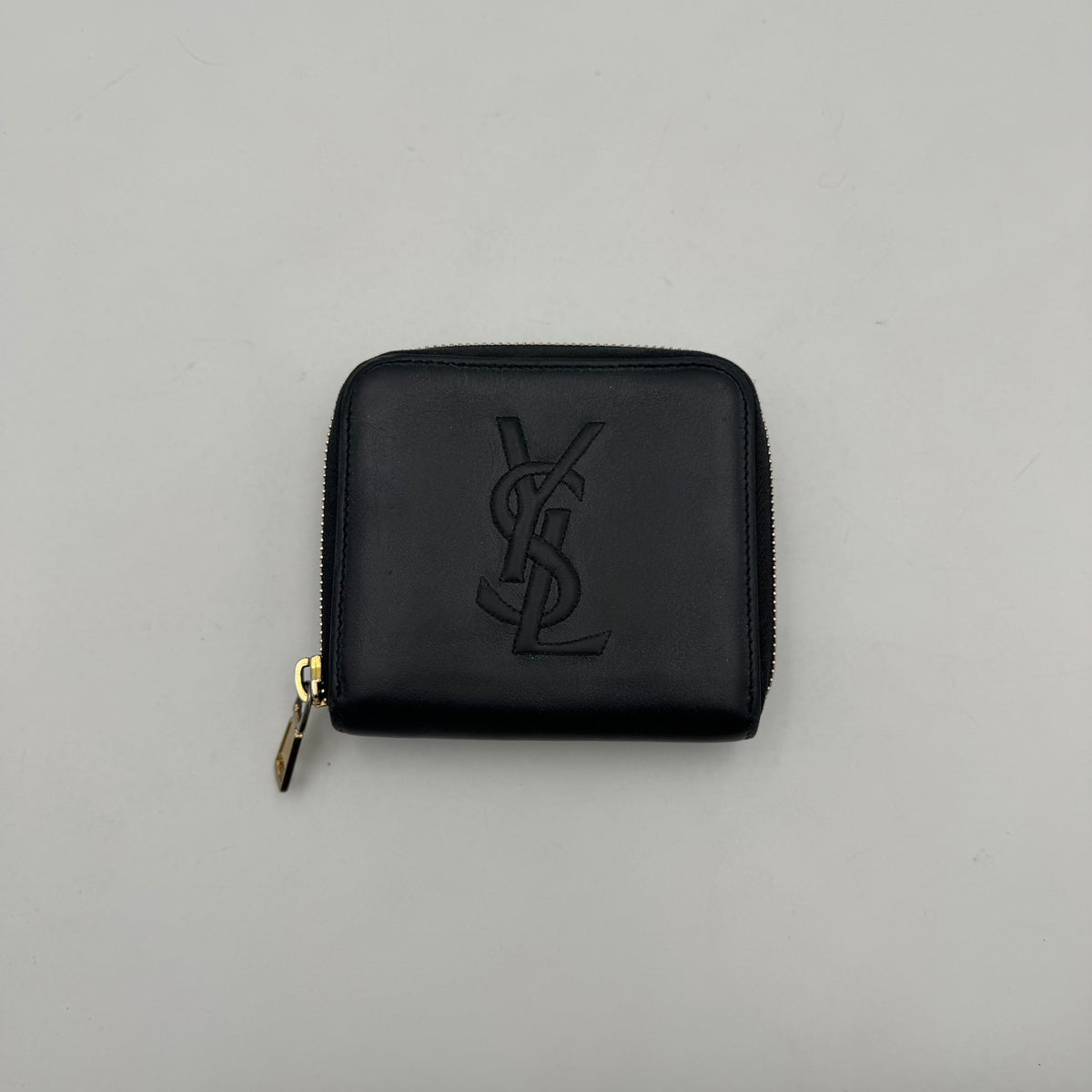 YSL Black Leather Logo Stitch Short Compact Wallet