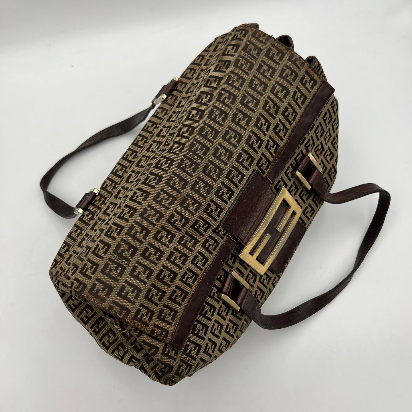 Fendi Brown Zucchino FF Buckle Flap Large Handbag