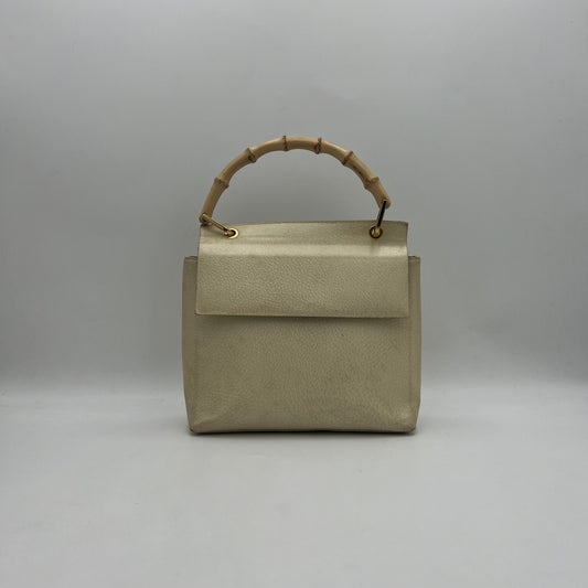 Gucci Vintage Ivory Leather Bamboo Top Handle Bag