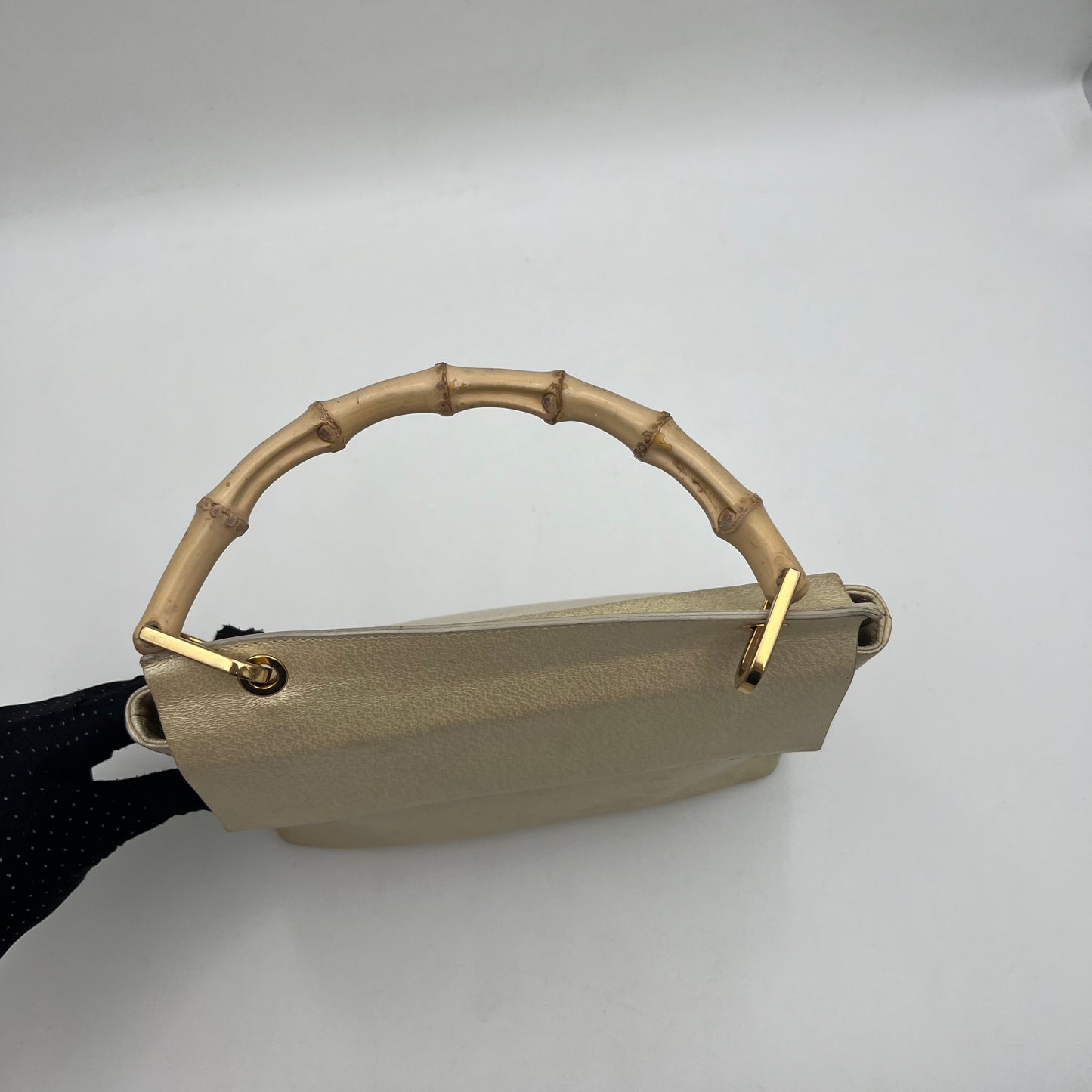 Gucci Vintage Ivory Leather Bamboo Top Handle Bag