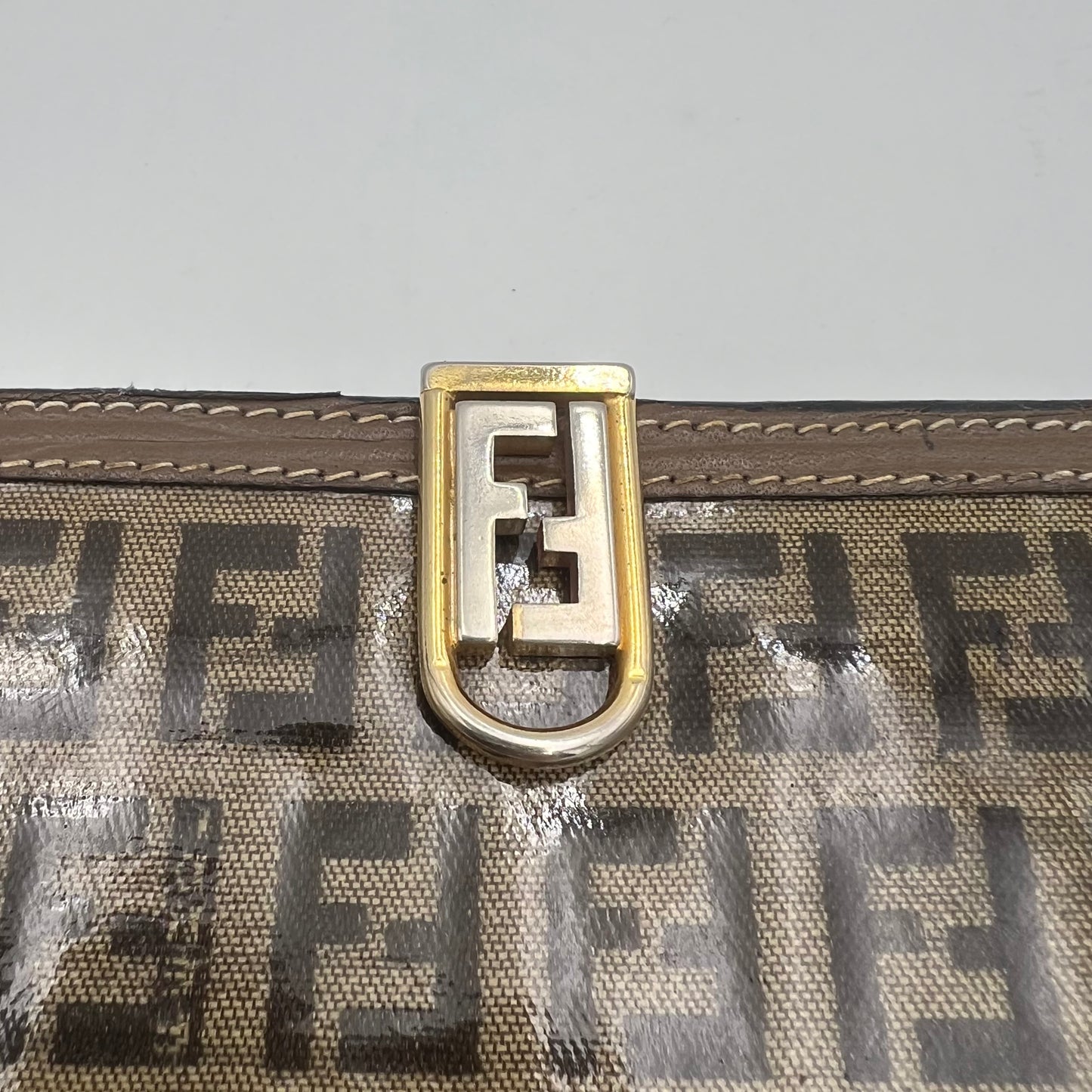 Fendi Brown Zucchino Vinyl Coated Vintage Lock Medium Wallet