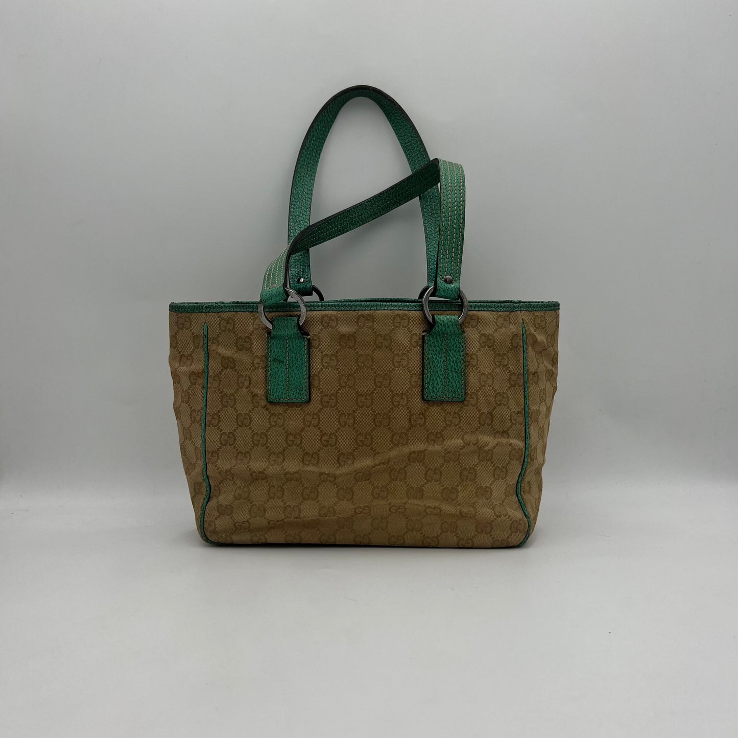 Gucci Light Brown Monogram Canvas Green Leather Handbag