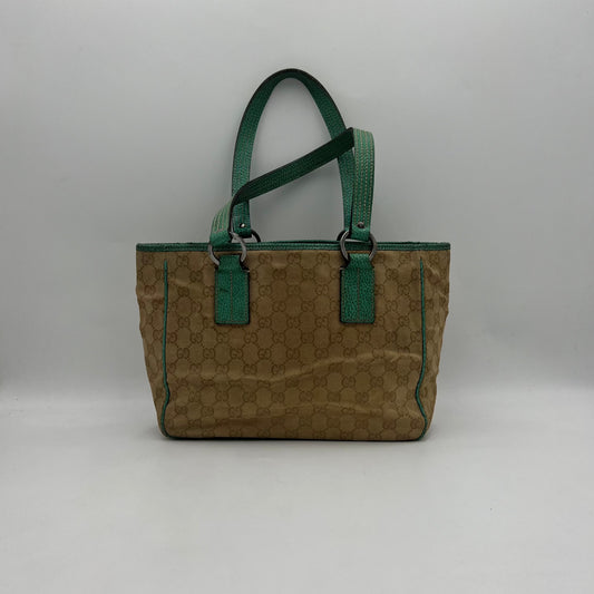 Gucci Light Brown Monogram Canvas Green Leather Handbag