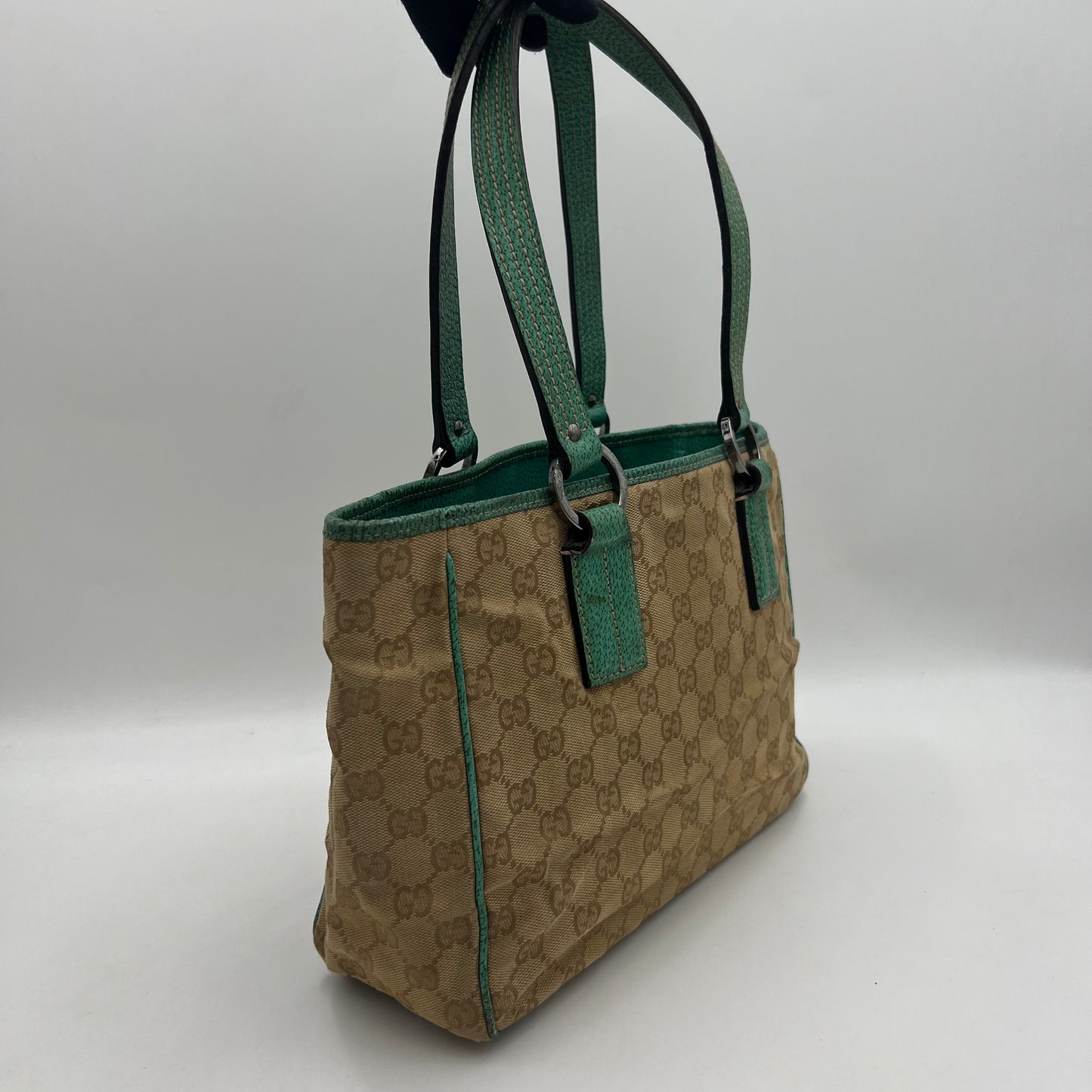 Gucci Light Brown Monogram Canvas Green Leather Handbag