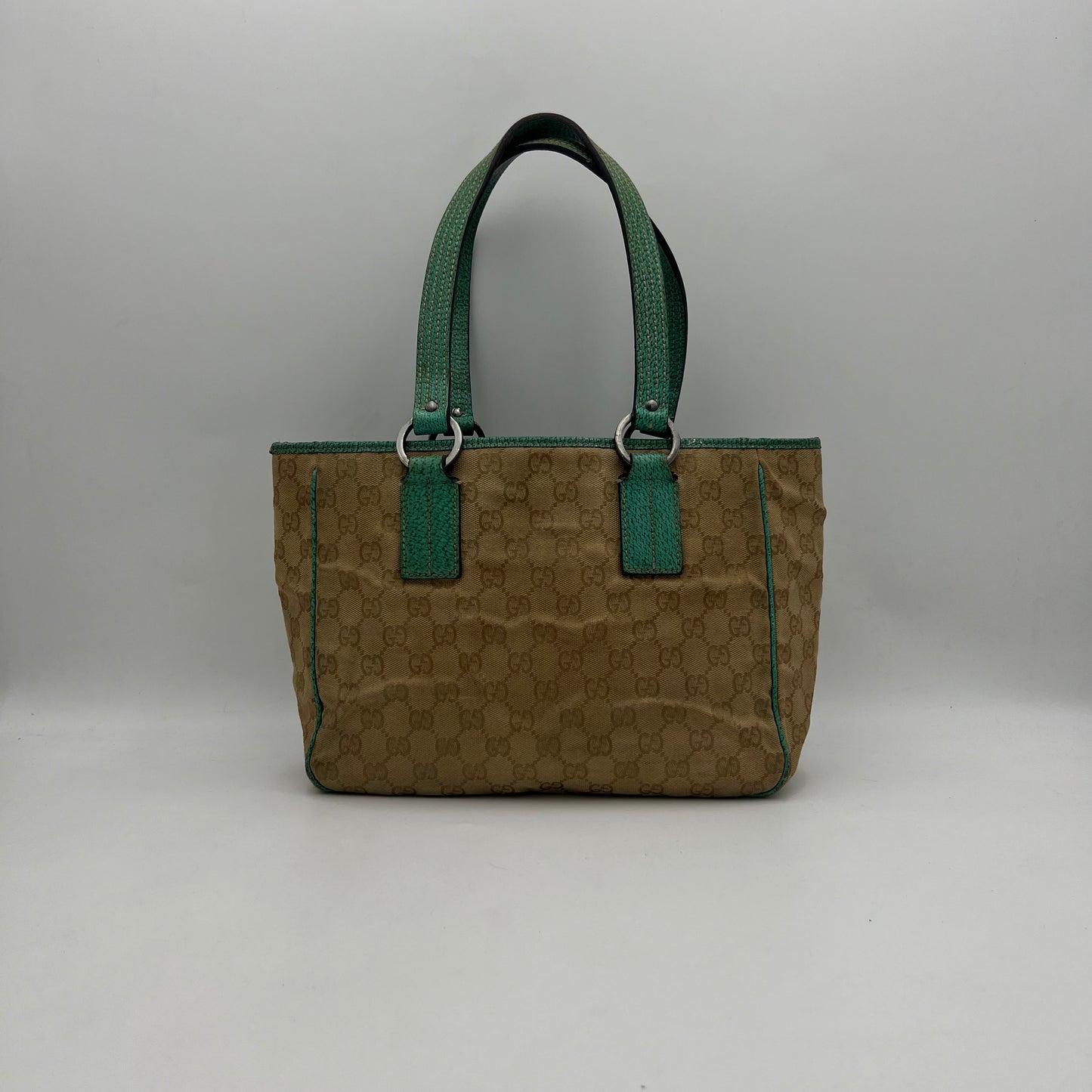 Gucci Light Brown Monogram Canvas Green Leather Handbag