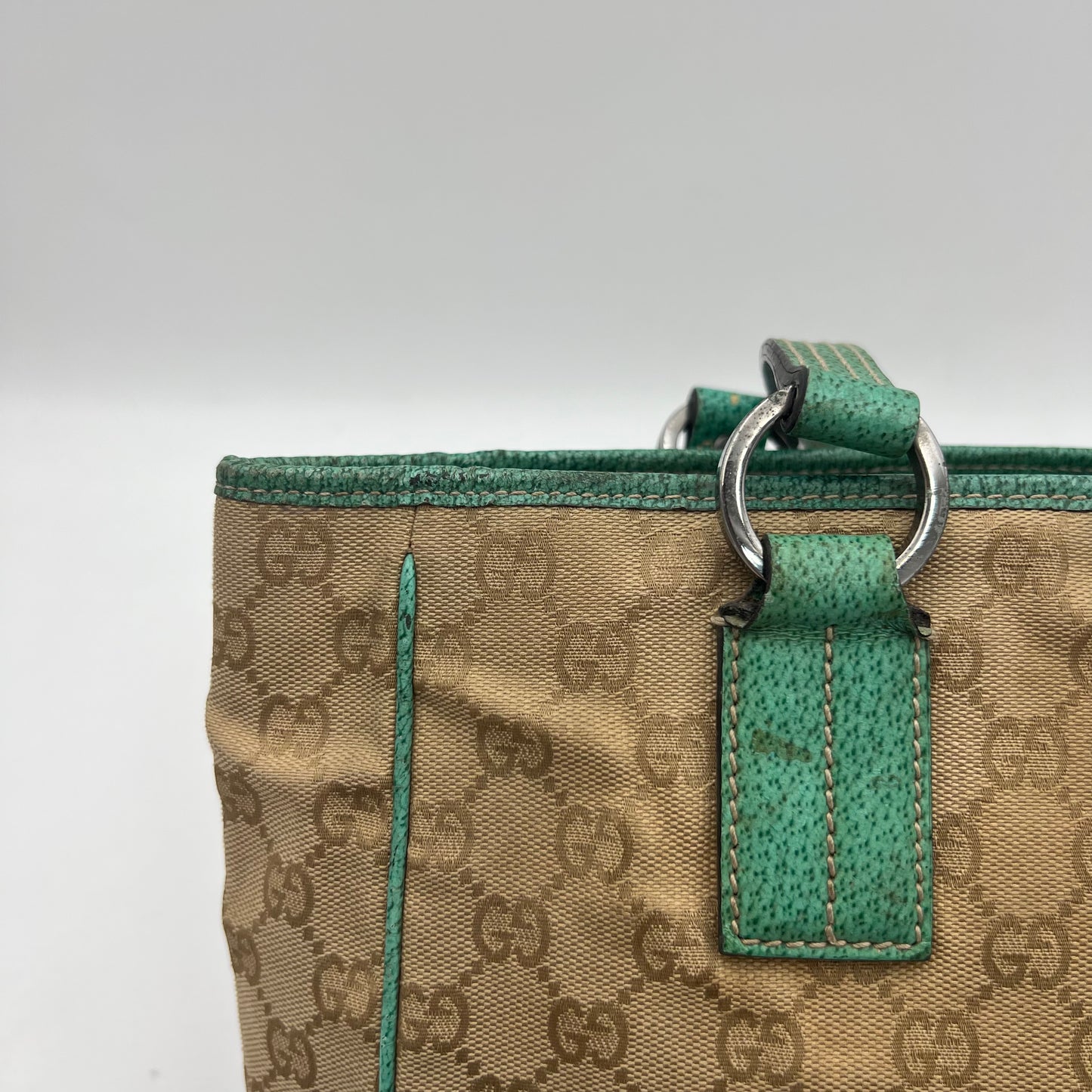 Gucci Light Brown Monogram Canvas Green Leather Handbag