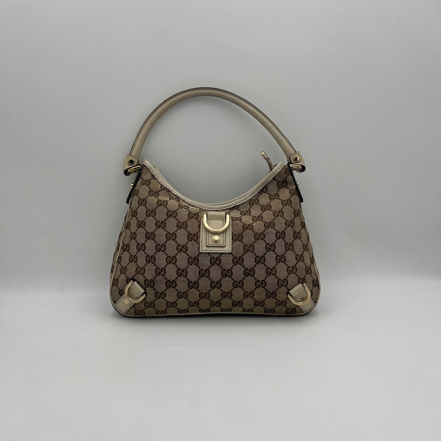 Gucci Monogram Canvas White Leather Abbey D-Ring Hobo Shoulder Bag