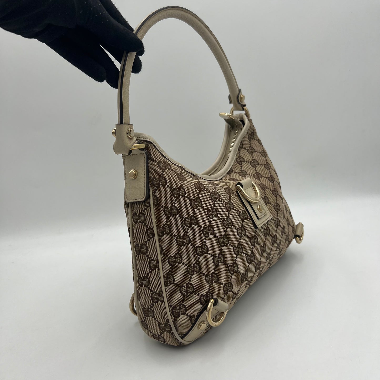 Gucci Monogram Canvas White Leather Abbey D-Ring Hobo Shoulder Bag