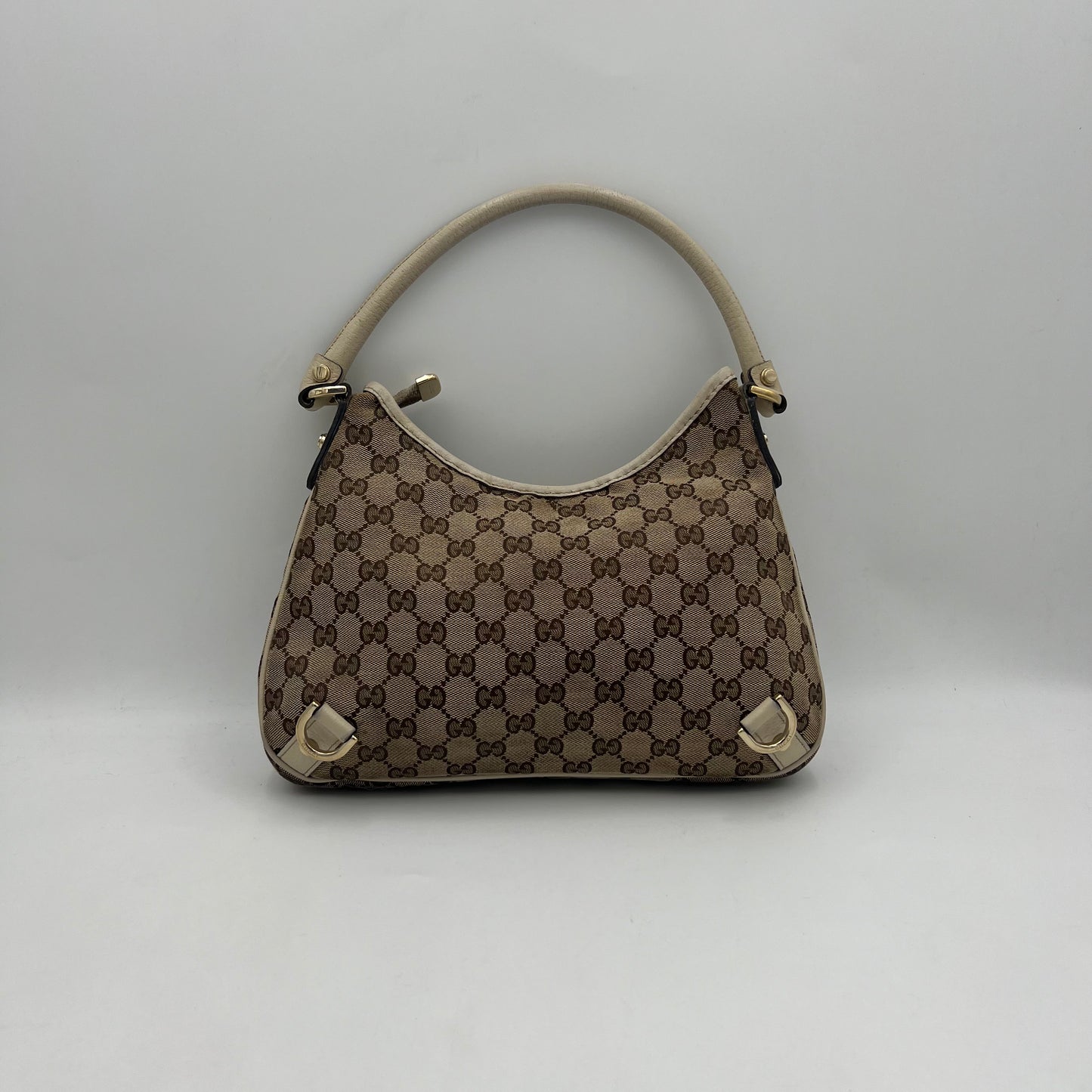 Gucci Monogram Canvas White Leather Abbey D-Ring Hobo Shoulder Bag