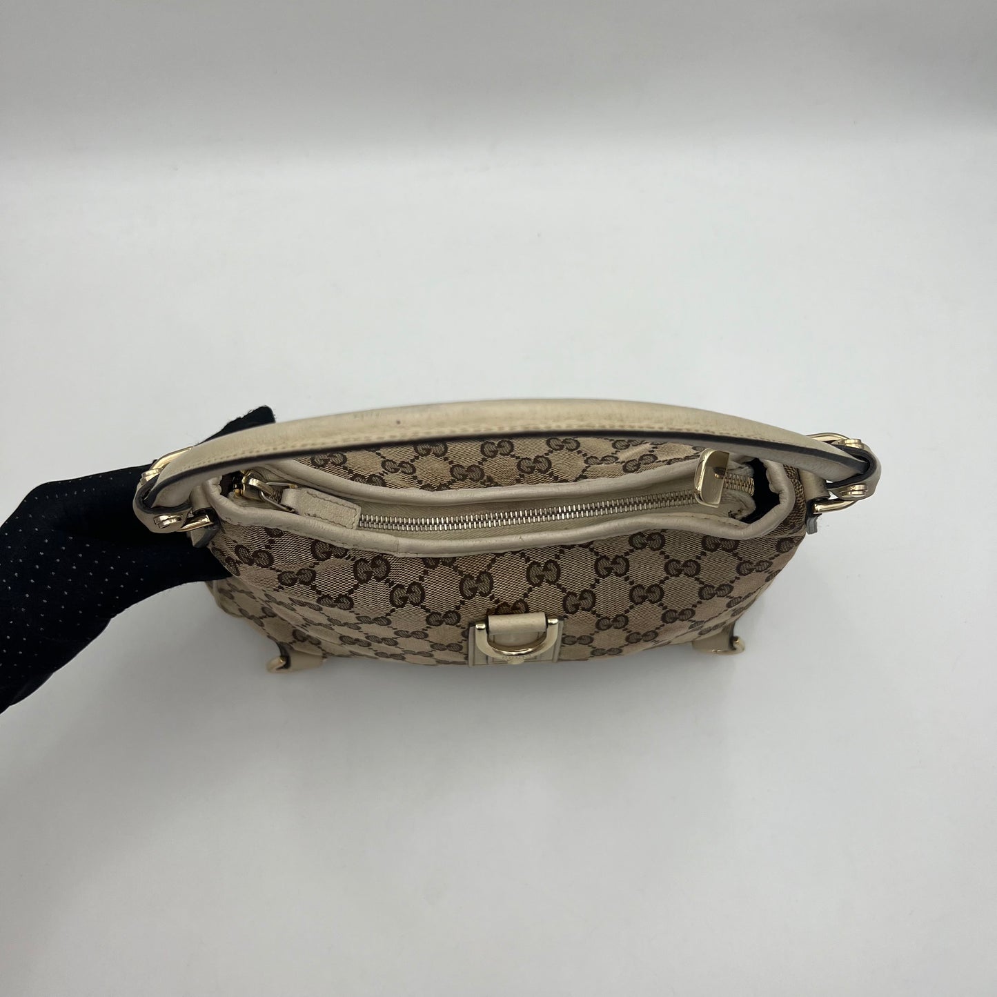 Gucci Monogram Canvas White Leather Abbey D-Ring Hobo Shoulder Bag