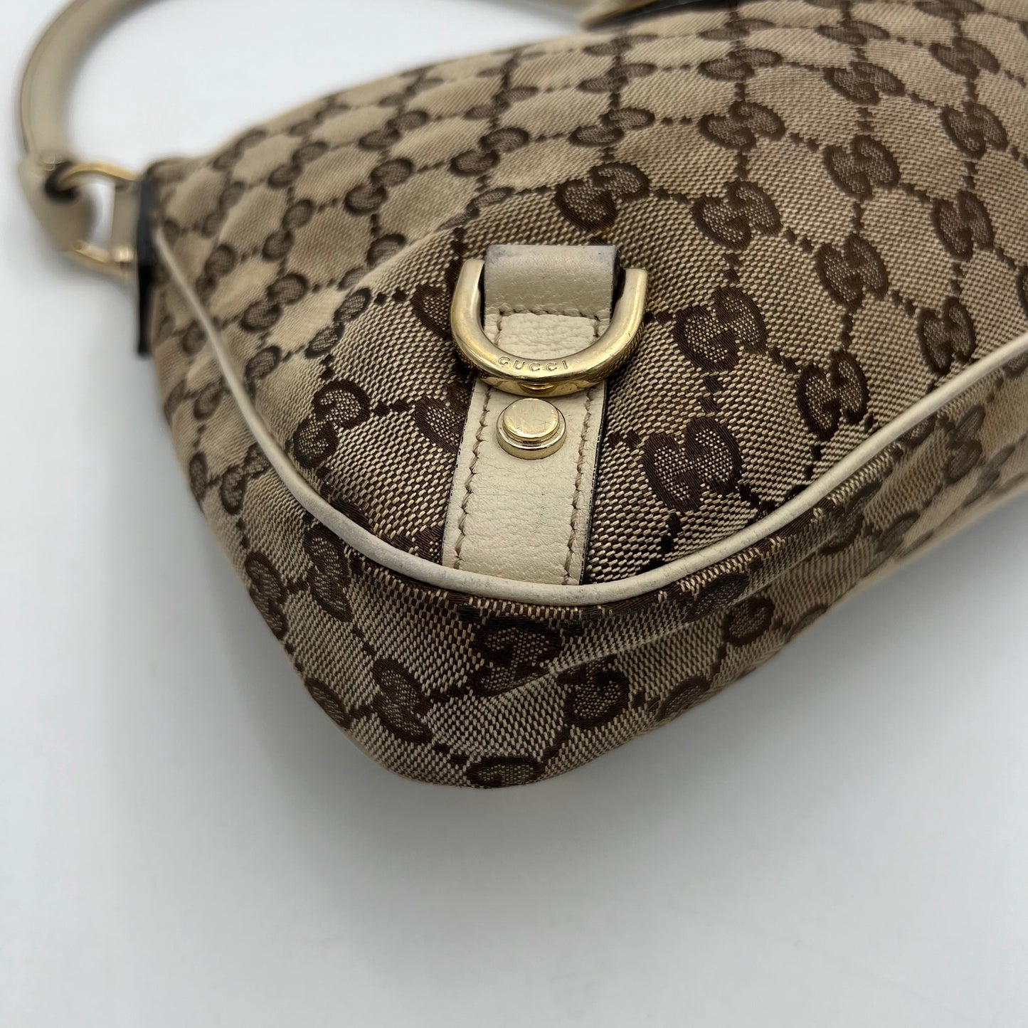 Gucci Monogram Canvas White Leather Abbey D-Ring Hobo Shoulder Bag