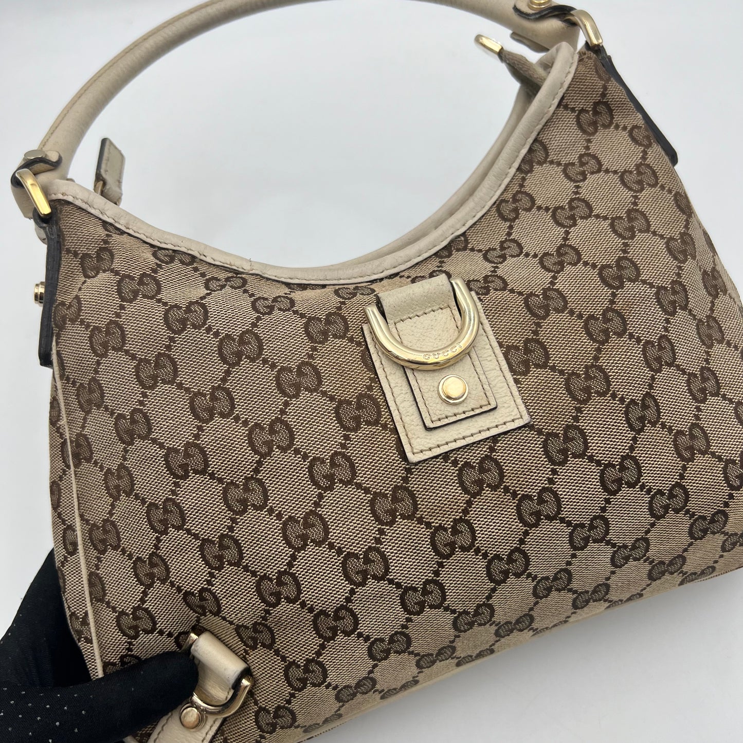 Gucci Monogram Canvas White Leather Abbey D-Ring Hobo Shoulder Bag