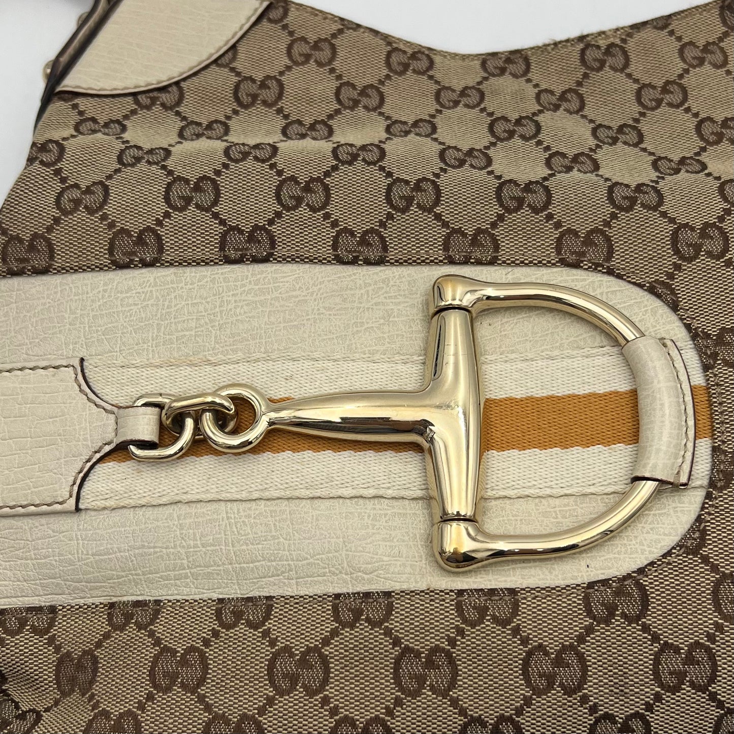 Gucci Monogram Canvas White Leather Hasler Horsebit Shoulder Bag