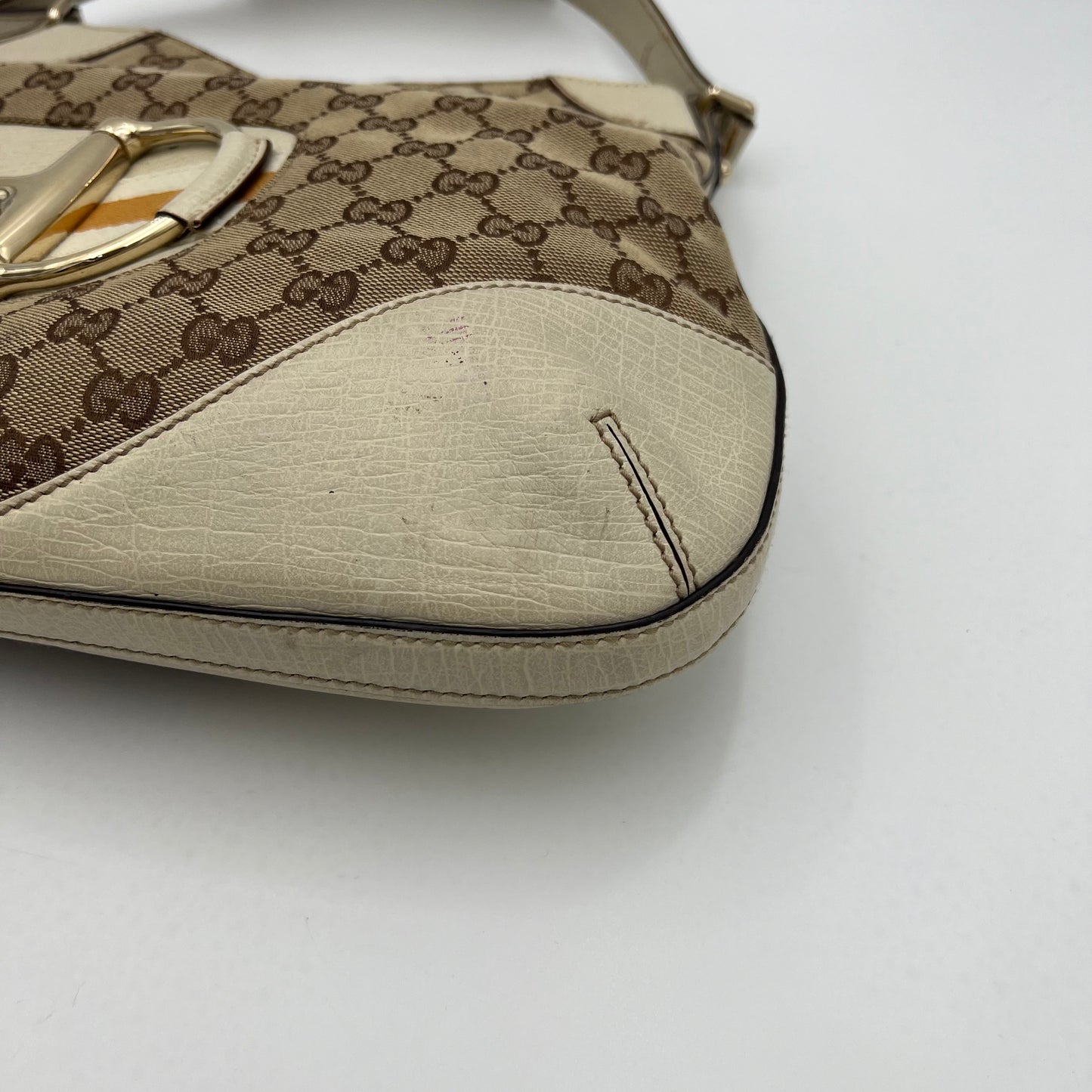 Gucci Monogram Canvas White Leather Hasler Horsebit Shoulder Bag