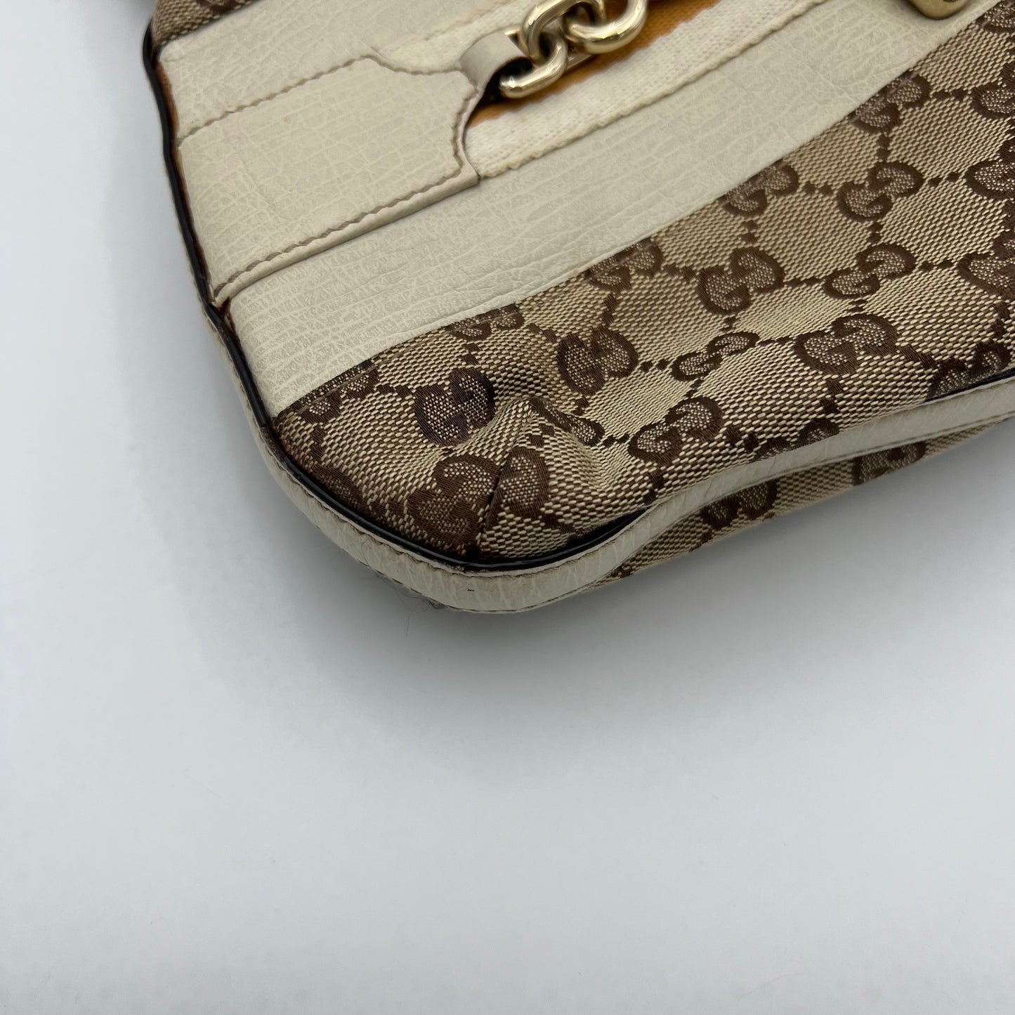 Gucci Monogram Canvas White Leather Hasler Horsebit Shoulder Bag