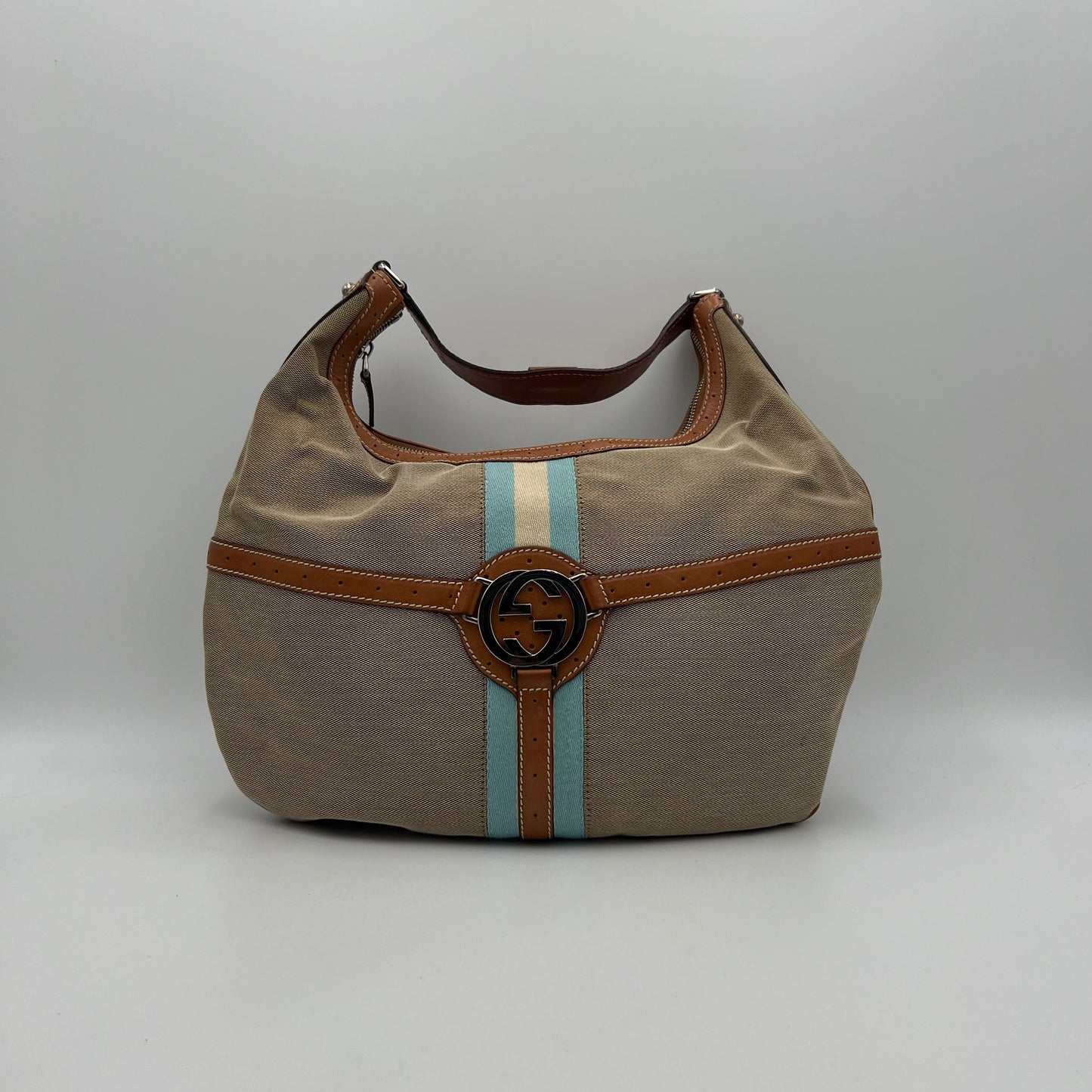 Gucci Beige Canvas Tan Leather Blue Web Interlocking Reins Hobo Bag