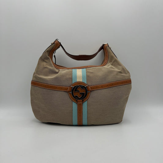Gucci Beige Canvas Tan Leather Blue Web Interlocking Reins Hobo Bag