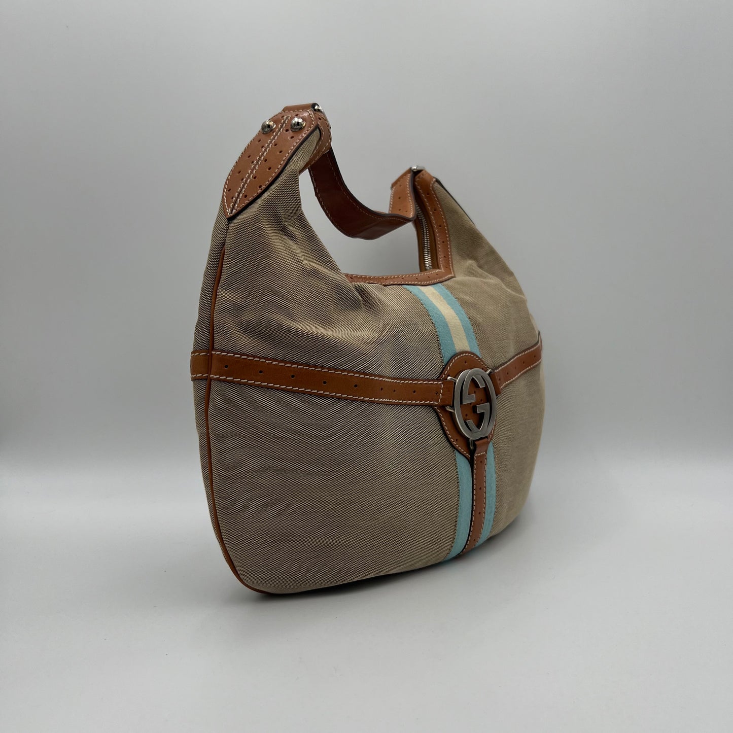 Gucci Beige Canvas Tan Leather Blue Web Interlocking Reins Hobo Bag