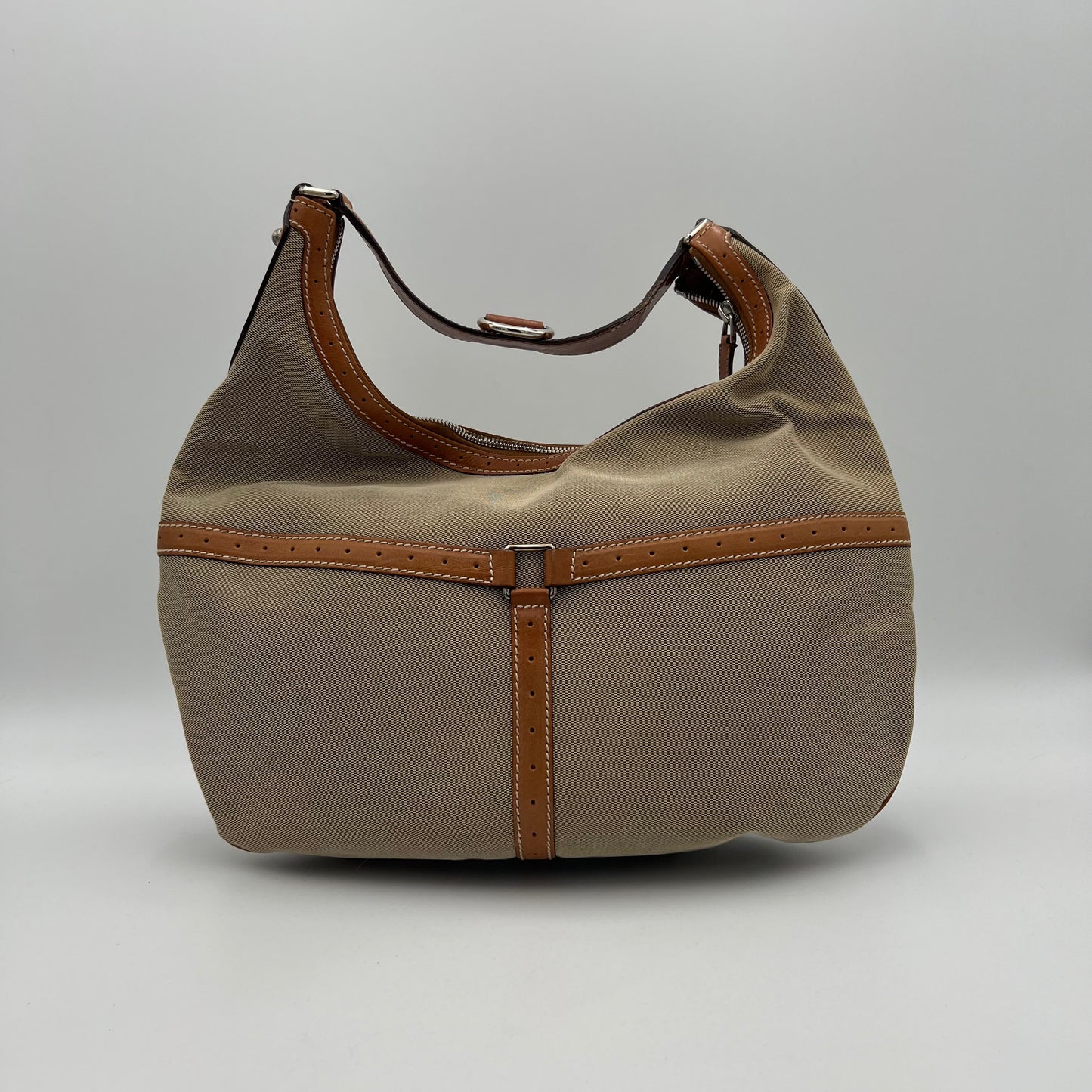 Gucci Beige Canvas Tan Leather Blue Web Interlocking Reins Hobo Bag