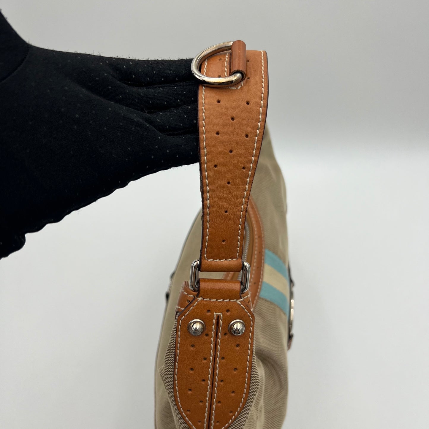 Gucci Beige Canvas Tan Leather Blue Web Interlocking Reins Hobo Bag