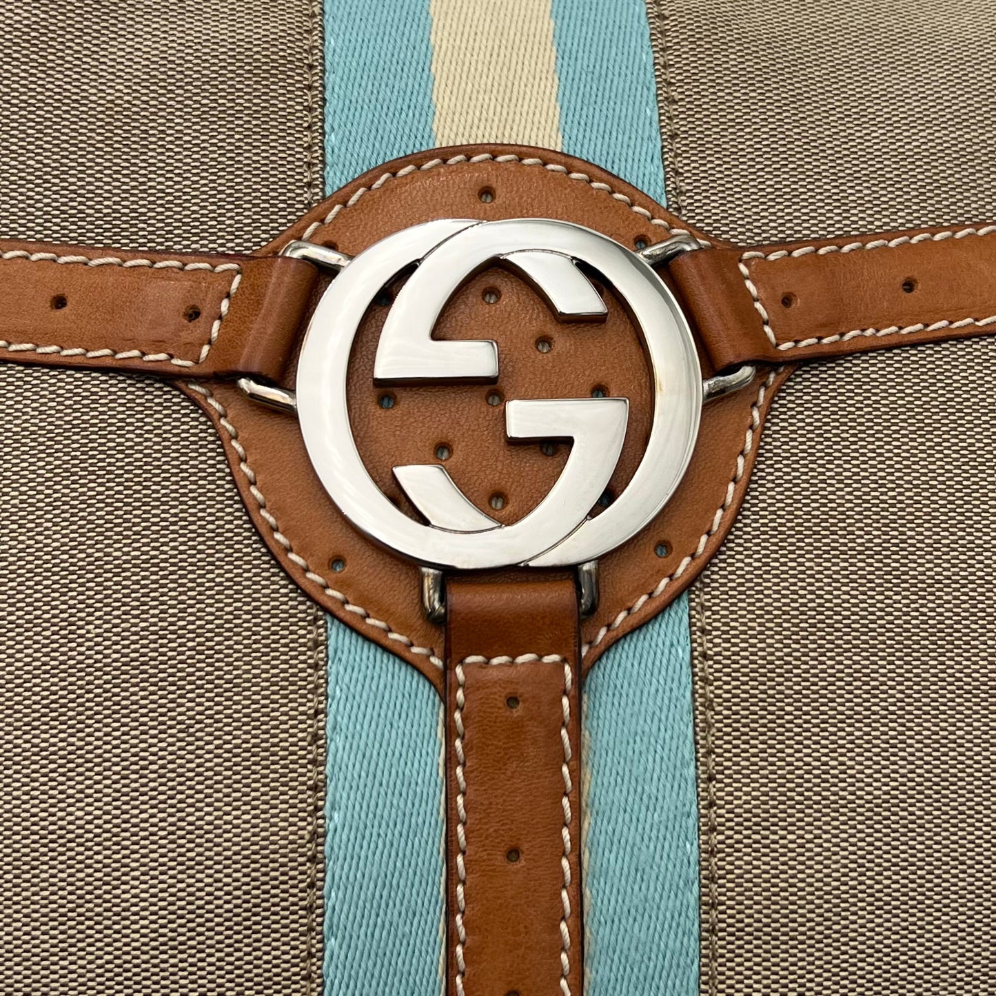 Gucci Beige Canvas Tan Leather Blue Web Interlocking Reins Hobo Bag
