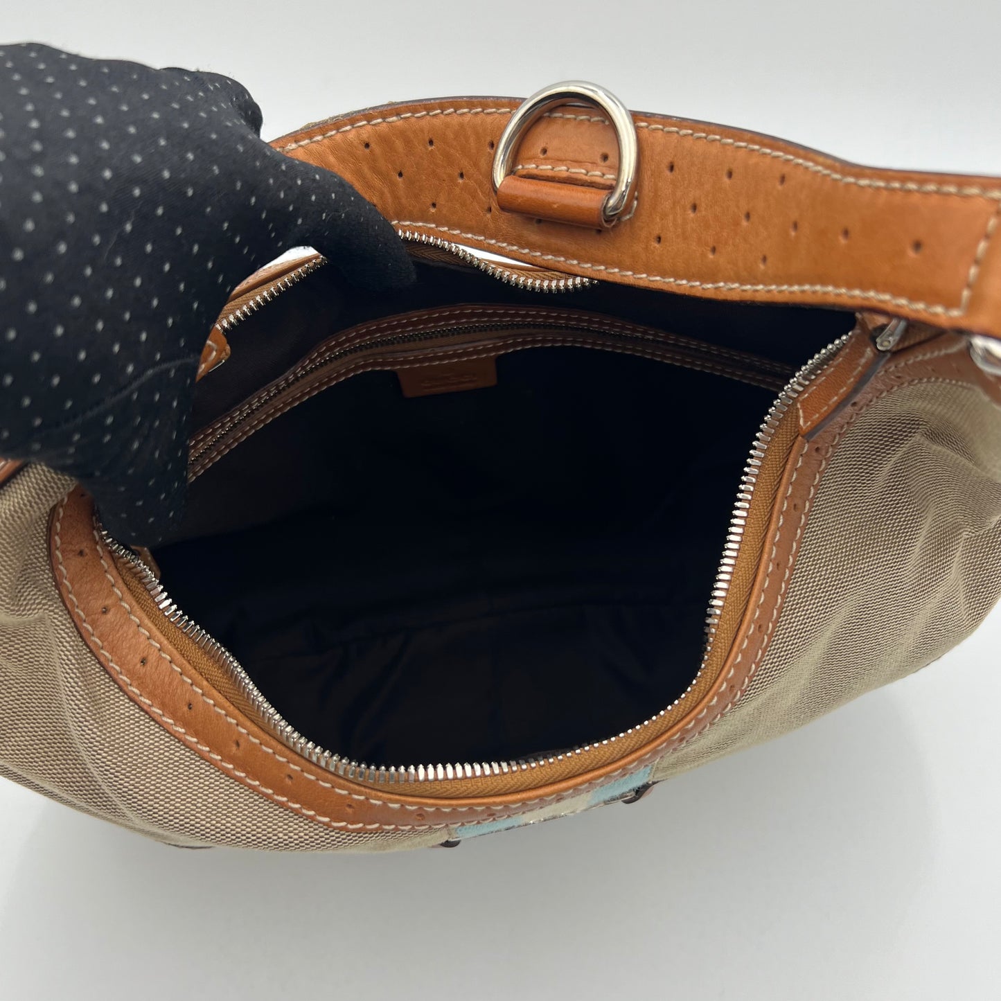 Gucci Beige Canvas Tan Leather Blue Web Interlocking Reins Hobo Bag