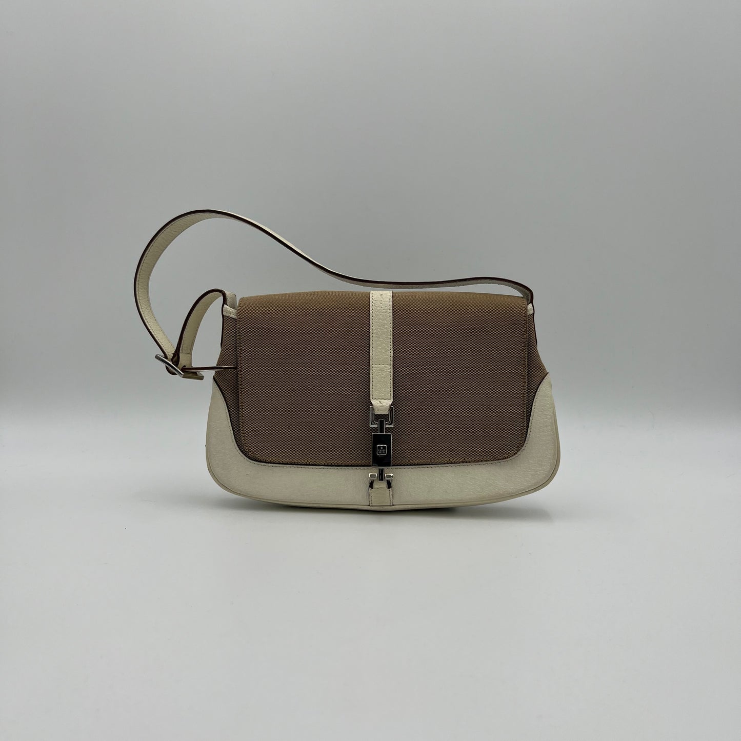 Gucci Beige Cloth White Leather Jackie Flap Small Shoulder Bag