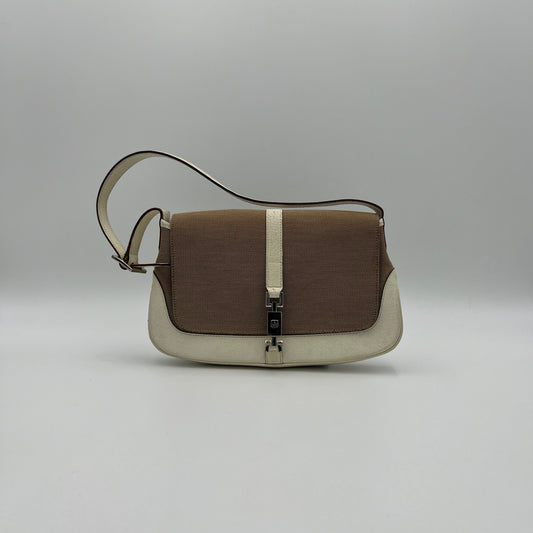 Gucci Beige Cloth White Leather Jackie Flap Small Shoulder Bag