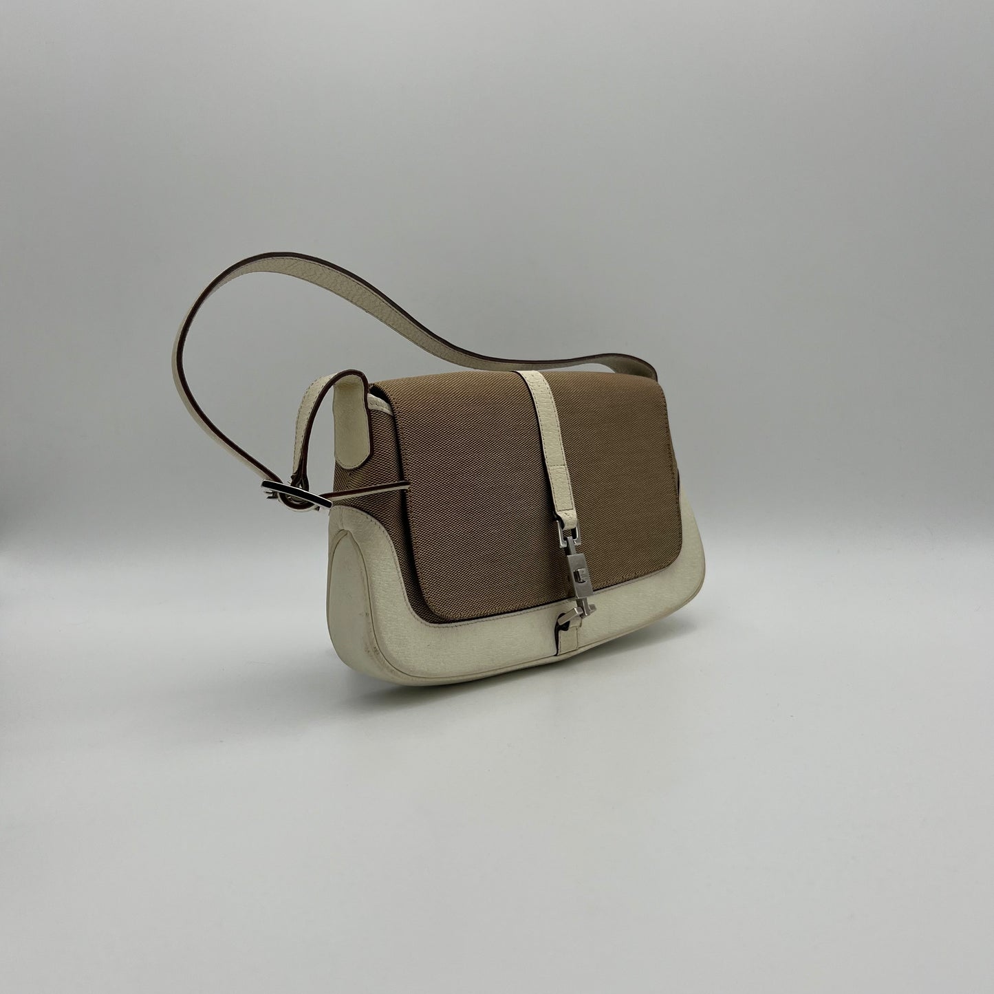 Gucci Beige Cloth White Leather Jackie Flap Small Shoulder Bag