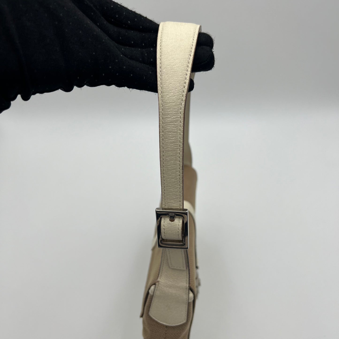 Gucci Beige Cloth White Leather Jackie Flap Small Shoulder Bag