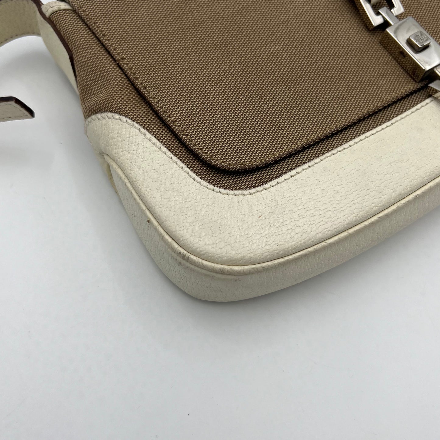 Gucci Beige Cloth White Leather Jackie Flap Small Shoulder Bag