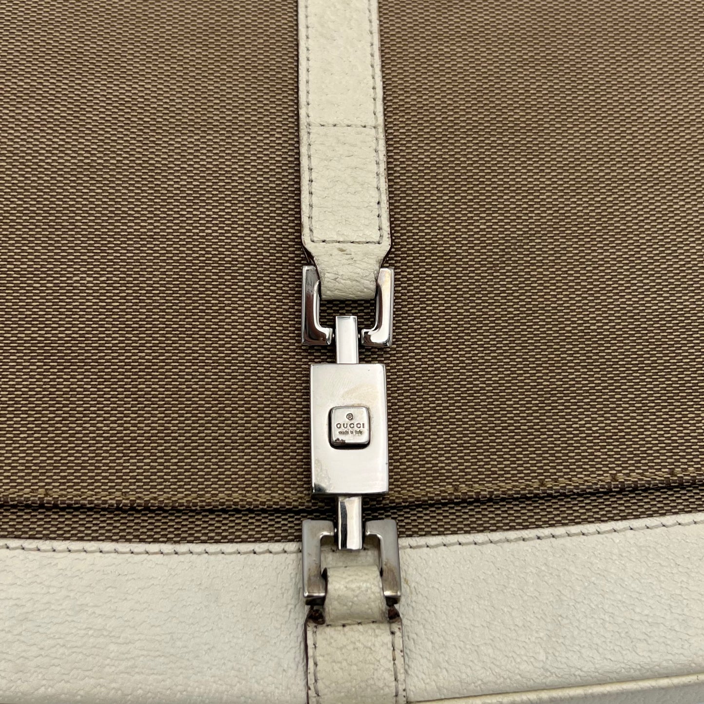 Gucci Beige Cloth White Leather Jackie Flap Small Shoulder Bag