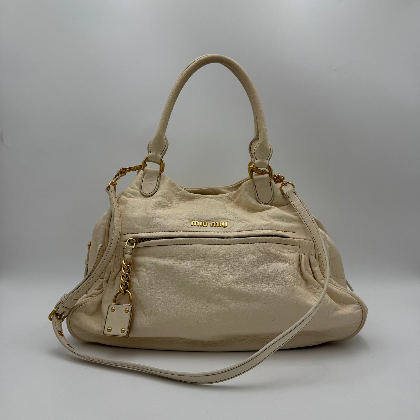 Miu Miu White Leather Lock Charm Large Satchel