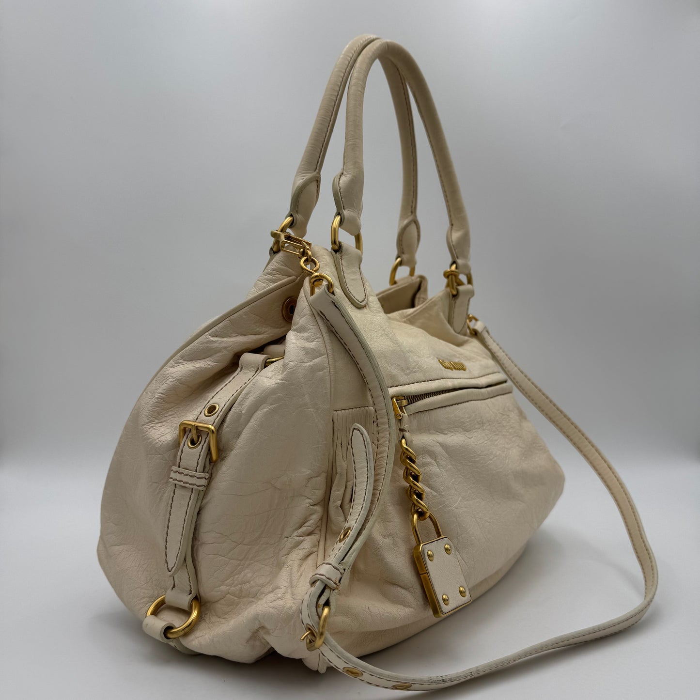 Miu Miu White Leather Lock Charm Large Satchel
