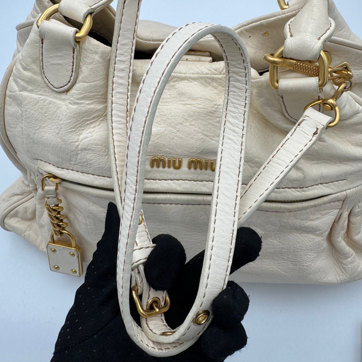 Miu Miu White Leather Lock Charm Large Satchel