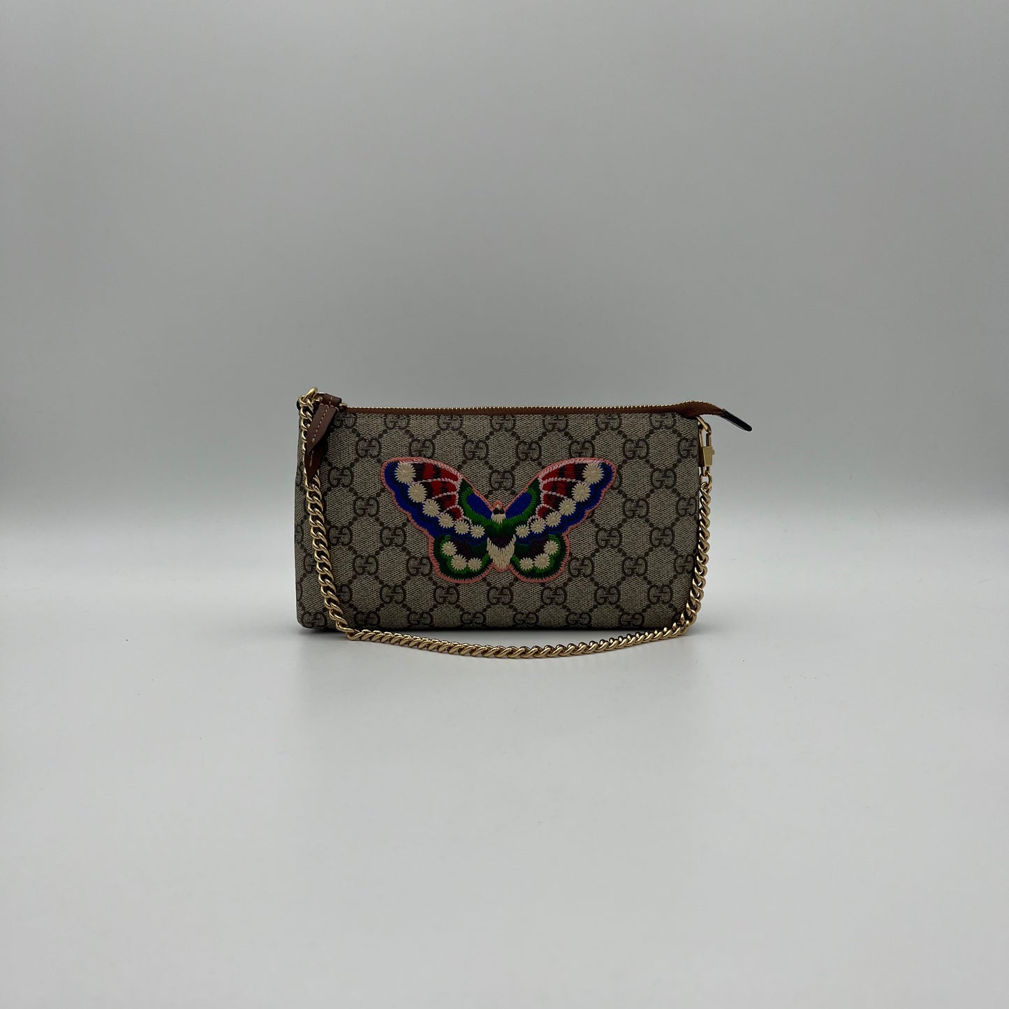 Gucci Monogram Supreme Butterfly Embroidered Chain Pochette