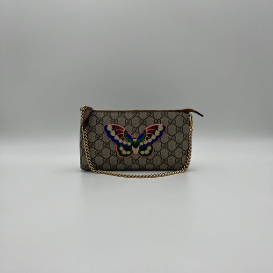 Gucci Monogram Supreme Butterfly Embroidered Chain Pochette