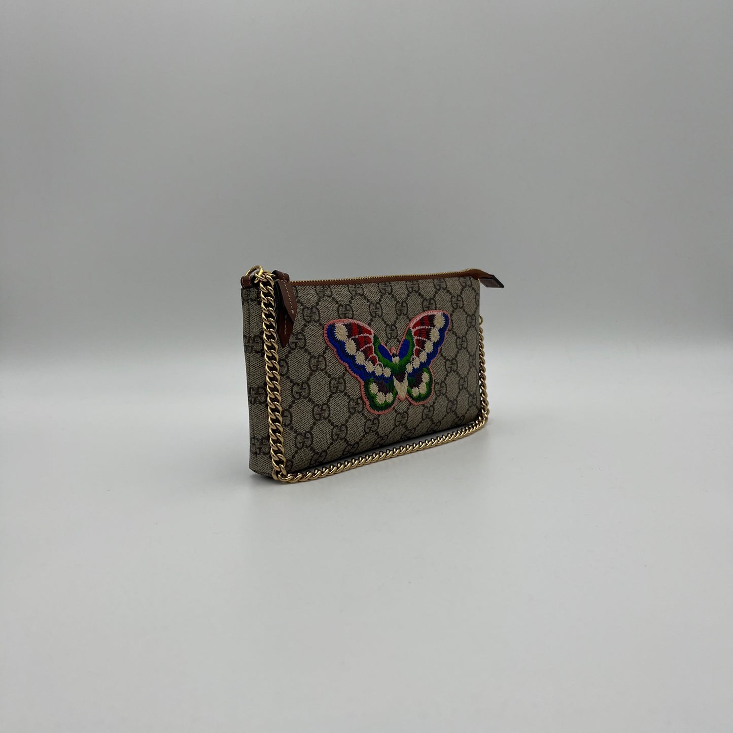 Gucci Monogram Supreme Butterfly Embroidered Chain Pochette