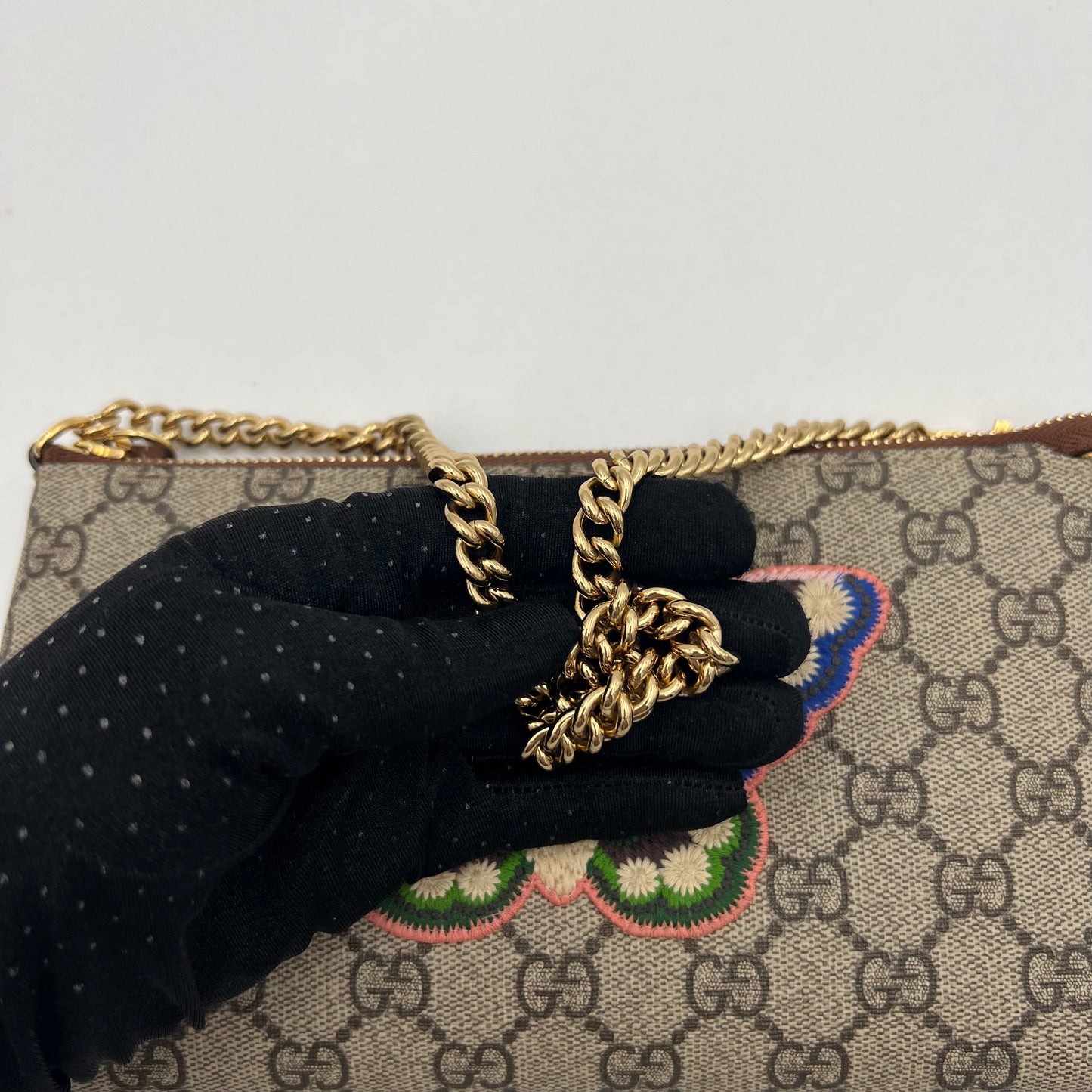 Gucci Monogram Supreme Butterfly Embroidered Chain Pochette