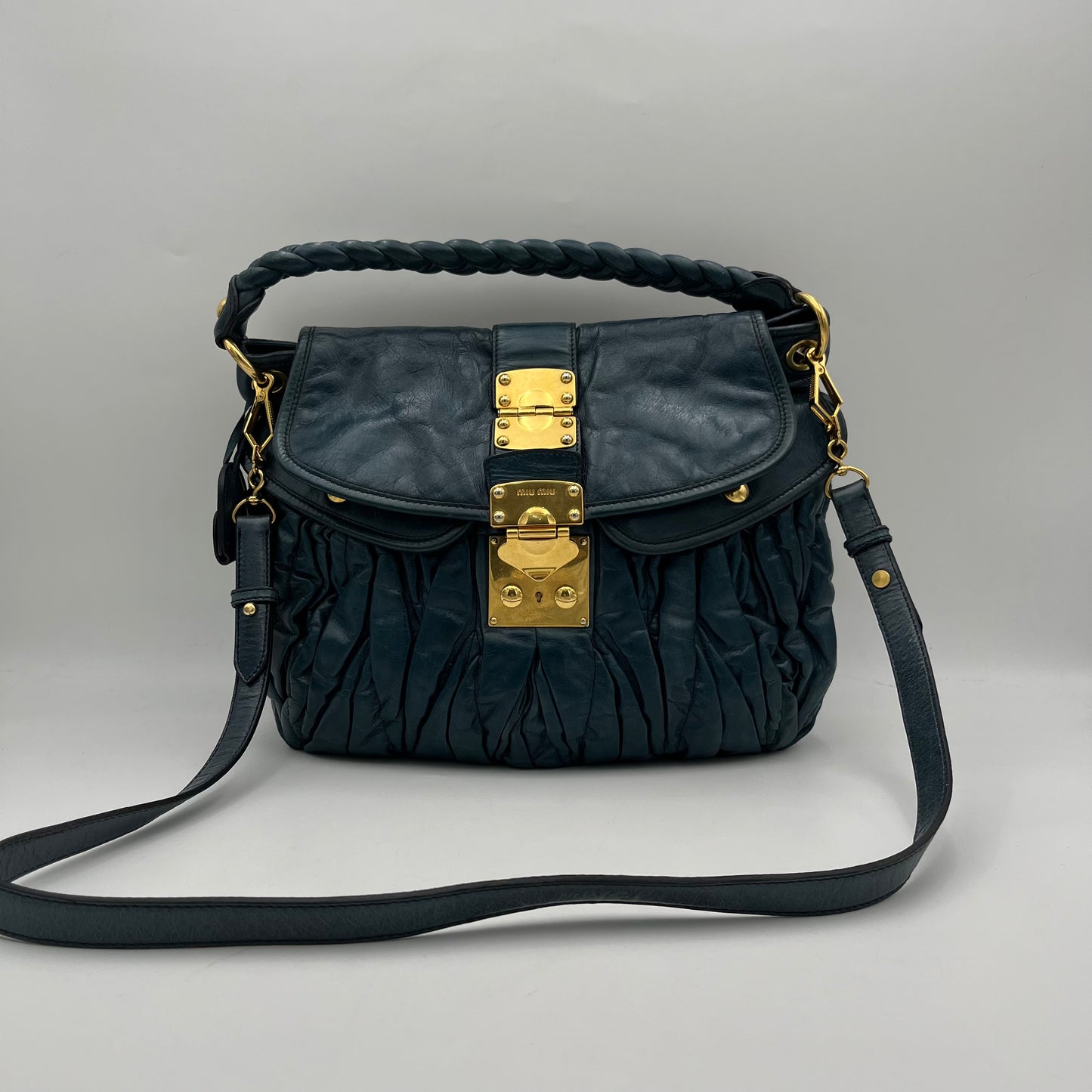 Miu Miu Dark Blue Matelasse Leather Two-Way Bag