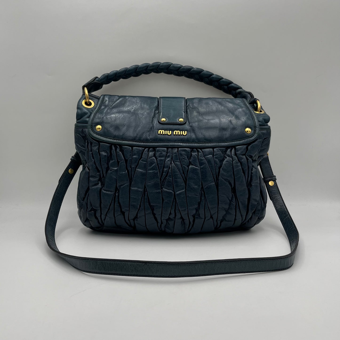 Miu Miu Dark Blue Matelasse Leather Two-Way Bag