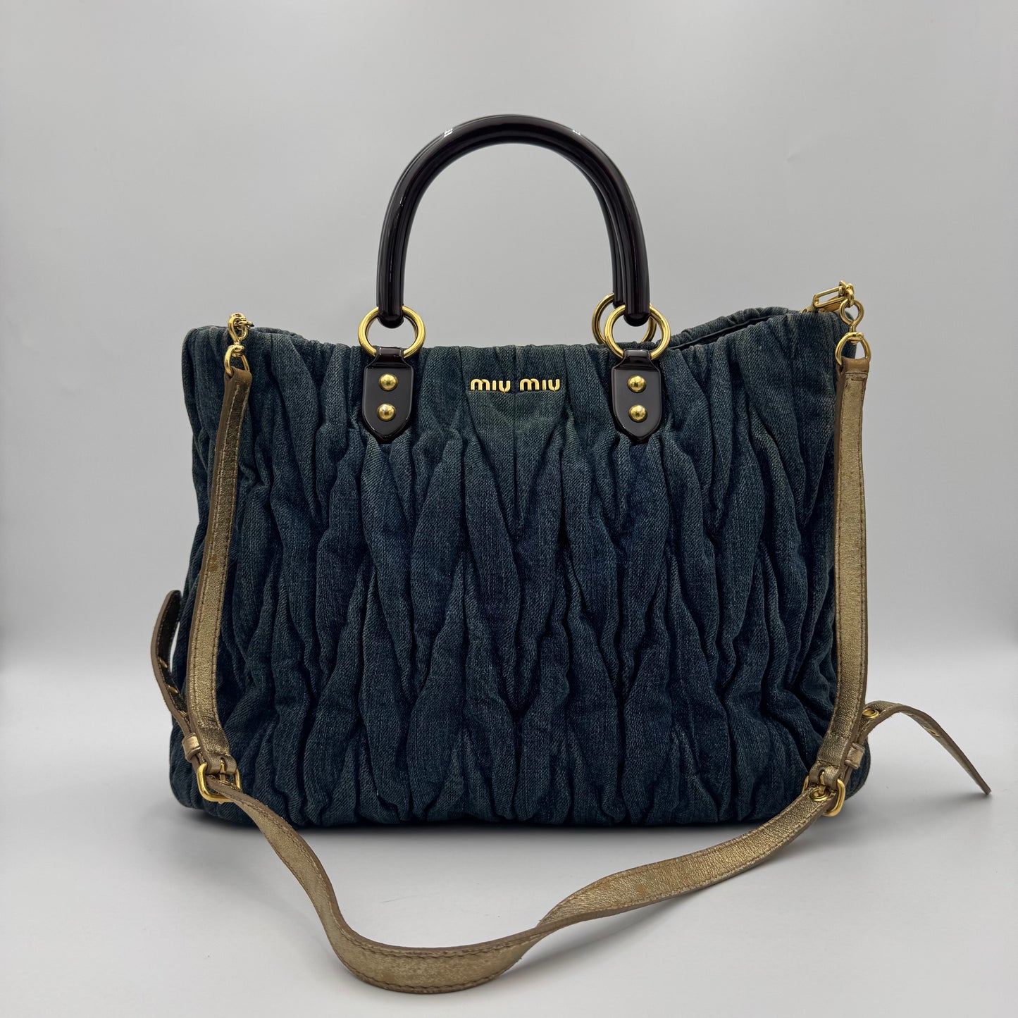 Miu Miu Denim Matelasse Brown Acrylic Handle Two-Way Bag