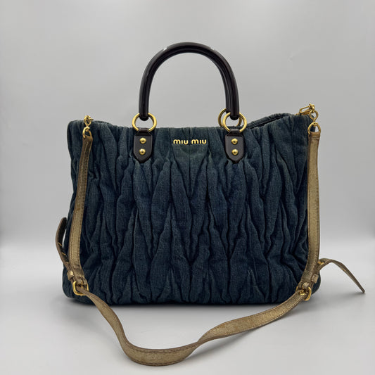 Miu Miu Denim Matelasse Brown Acrylic Handle Two-Way Bag