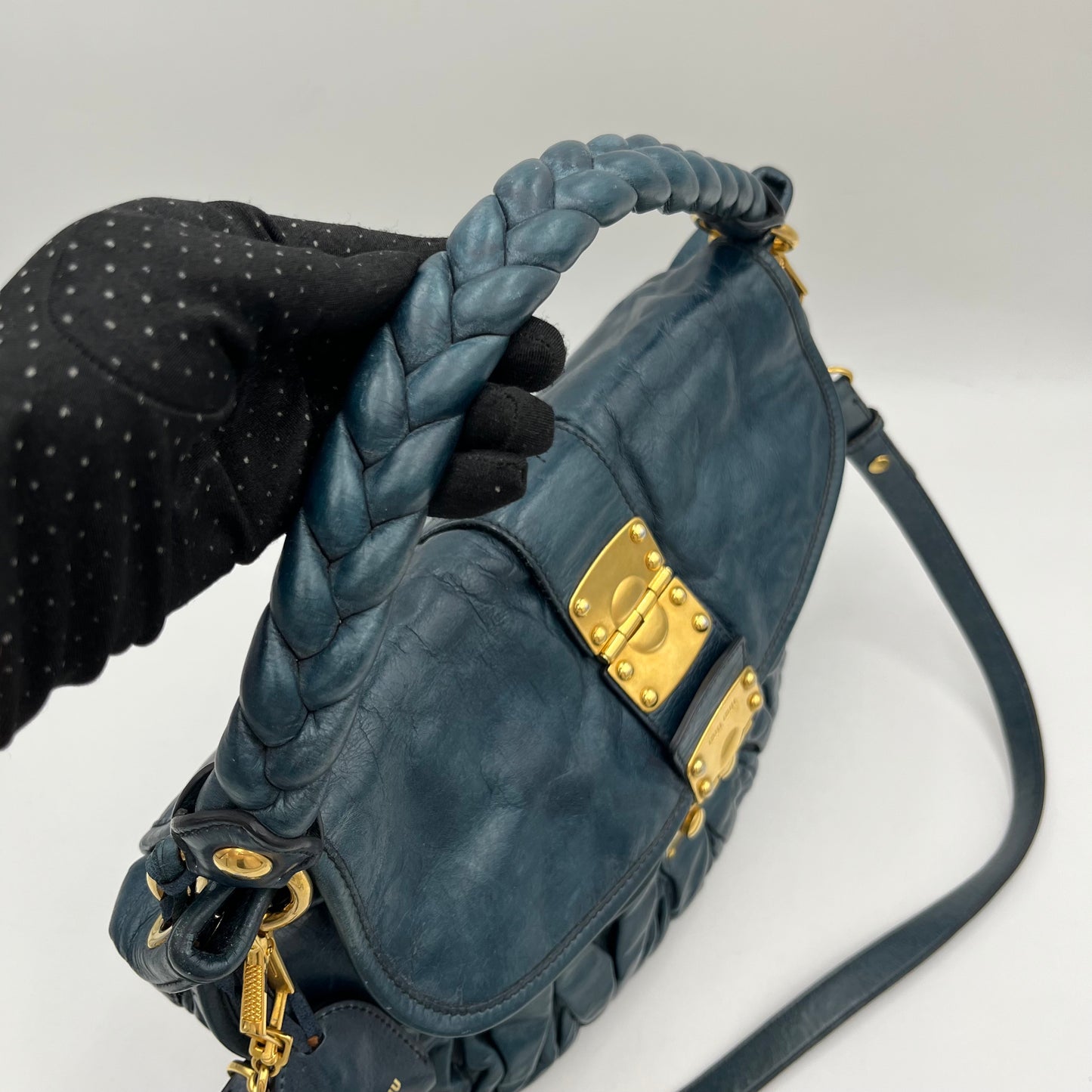 Miu Miu Dark Blue Matelasse Leather Two-Way Bag