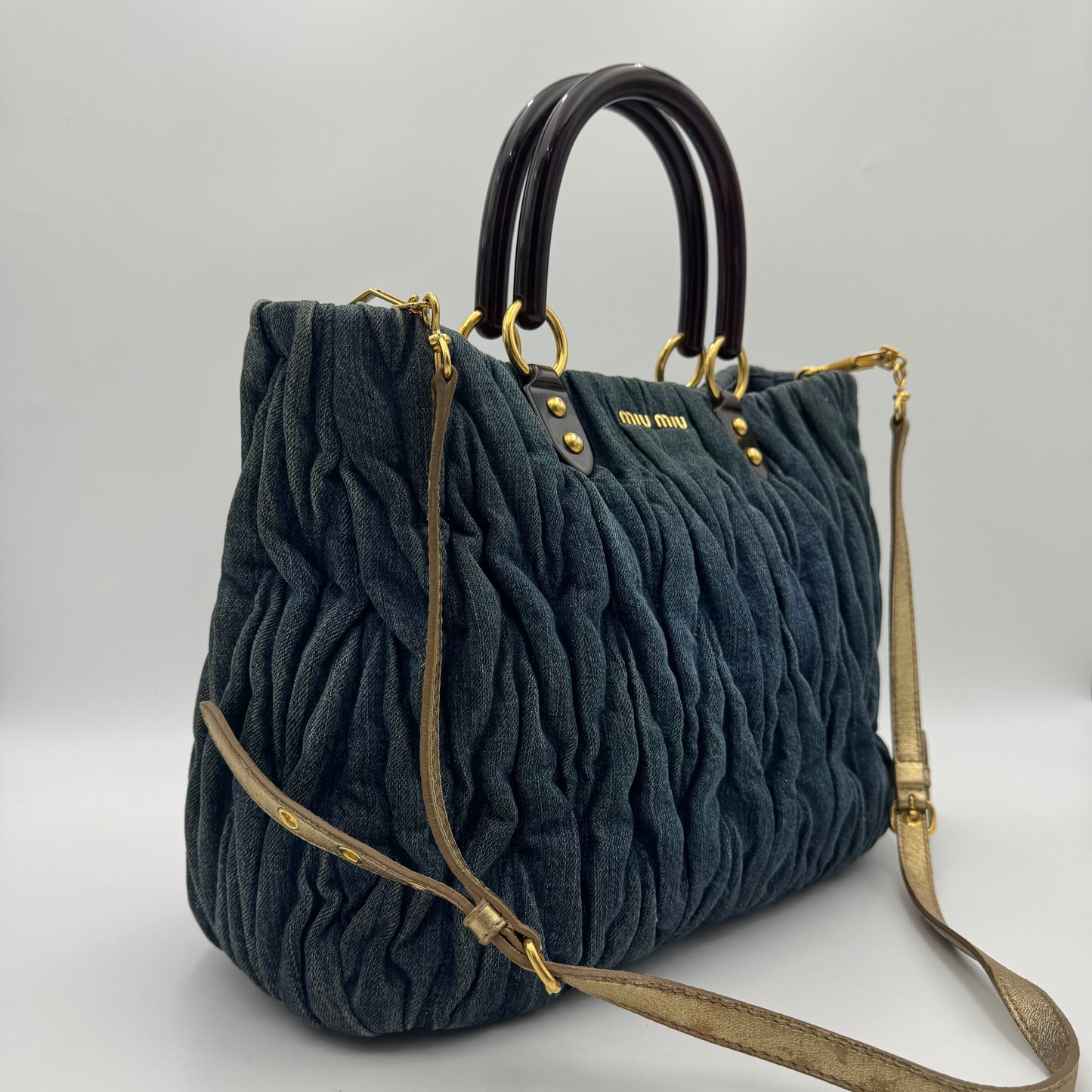 Miu Miu Denim Matelasse Brown Acrylic Handle Two-Way Bag