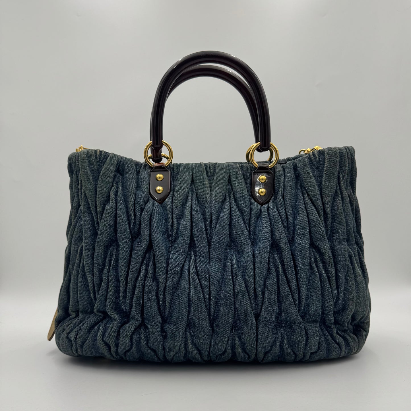Miu Miu Denim Matelasse Brown Acrylic Handle Two-Way Bag